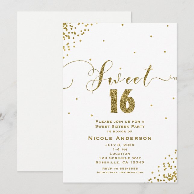 Invitación DULCES 16 Dieciséis Esquinas de Confeti Blanco y D (Anverso / Reverso)