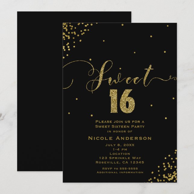 Invitación DULCES 16 Dieciséis Esquinas de Confeti Negro y Do (Anverso / Reverso)