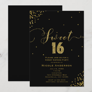 Invitación DULCES 16 Dieciséis Esquinas de Confeti Negro y Do