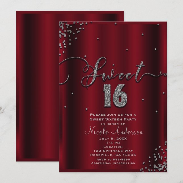 Invitación DULCES 16 Dieciséis Esquinas de Confeti Rojo y Pla (Anverso / Reverso)