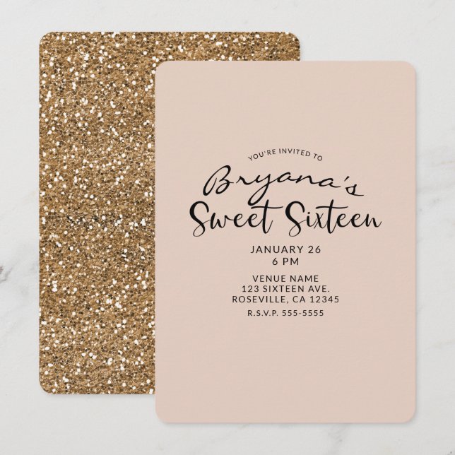 Invitación Dulces 16 Dieciséis Fiesta Brillo Dorado Moderno G (Anverso / Reverso)