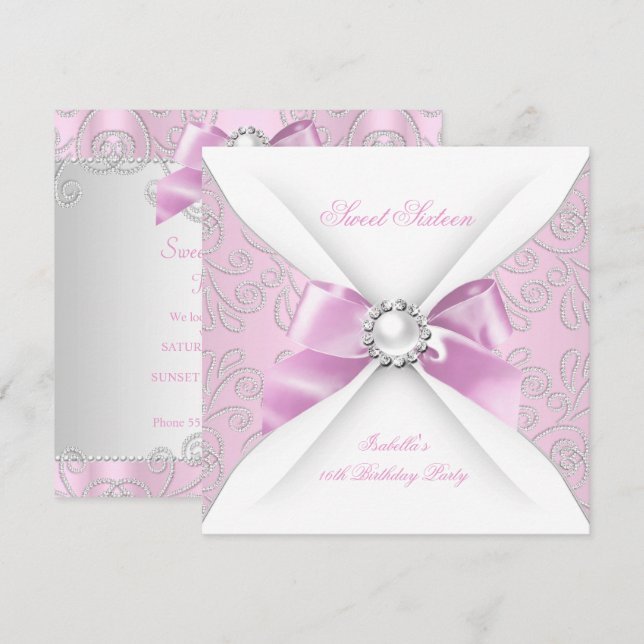 Invitación Dulces 16 Dieciséis Fiesta de Rosa Diamantes Falso (Anverso / Reverso)