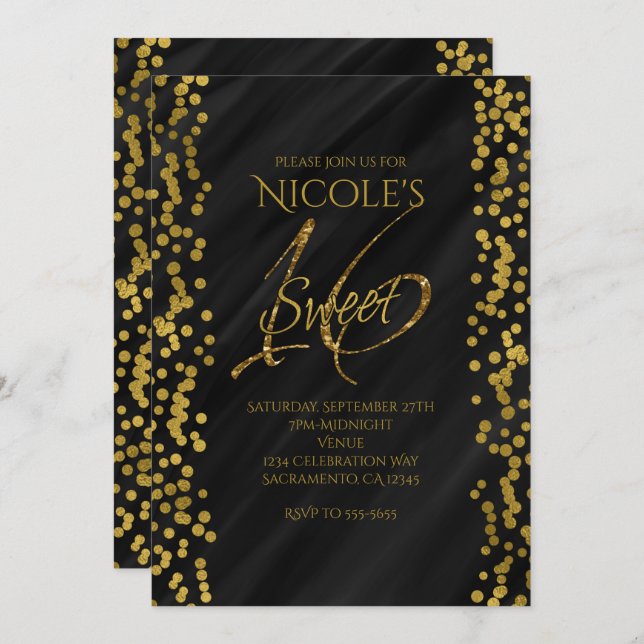Invitación Dulces 16 Dieciséis Glamour Moderno Negro y Dorado (Anverso / Reverso)