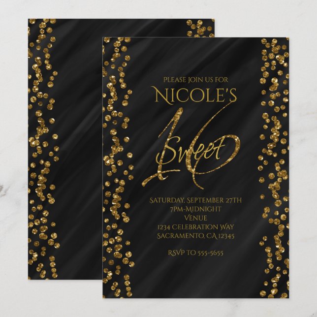 Invitación Dulces 16 Dieciséis Glitter Glamour Negro y Falso  (Anverso / Reverso)