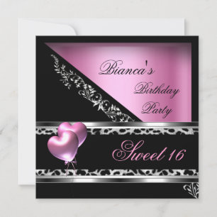 Invitación Dulces 16 Dieciséis Globos Corazón Rosa Leopardo