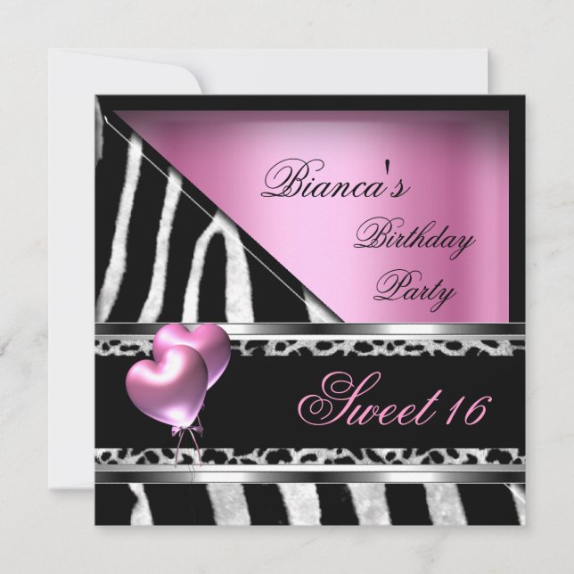 Invitación Dulces 16 Dieciséis Globos Rosados Cebra Leopardo (Anverso)