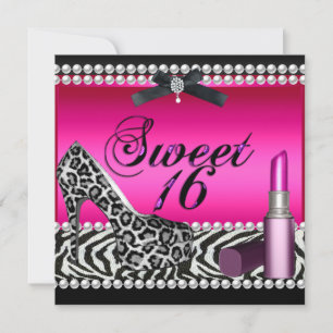 Invitación Dulces 16 Dieciséis Labial Rosa Caliente Cebra Leo