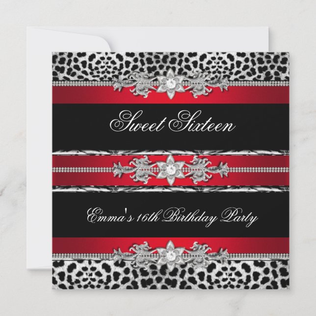 Invitación Dulces 16 Dieciséis Leopardo Rojo Diamante Negro 2 (Anverso)