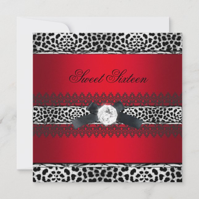 Invitación Dulces 16 Dieciséis Leopardo Rojo Negro Diamante (Anverso)