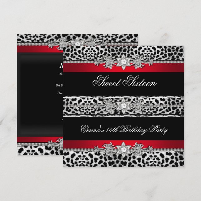 Invitación Dulces 16 Dieciséis Leopardo Rojo Negro Diamante (Anverso / Reverso)