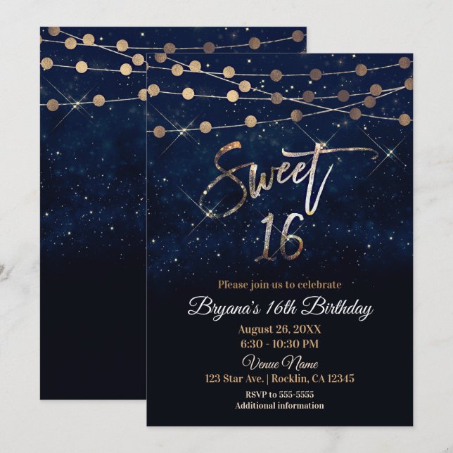 Invitación Dulces 16 Dieciséis Luces Azules y Doradas con Des (Anverso / Reverso)