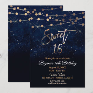 Invitación Dulces 16 Dieciséis Luces Azules y Doradas con Des