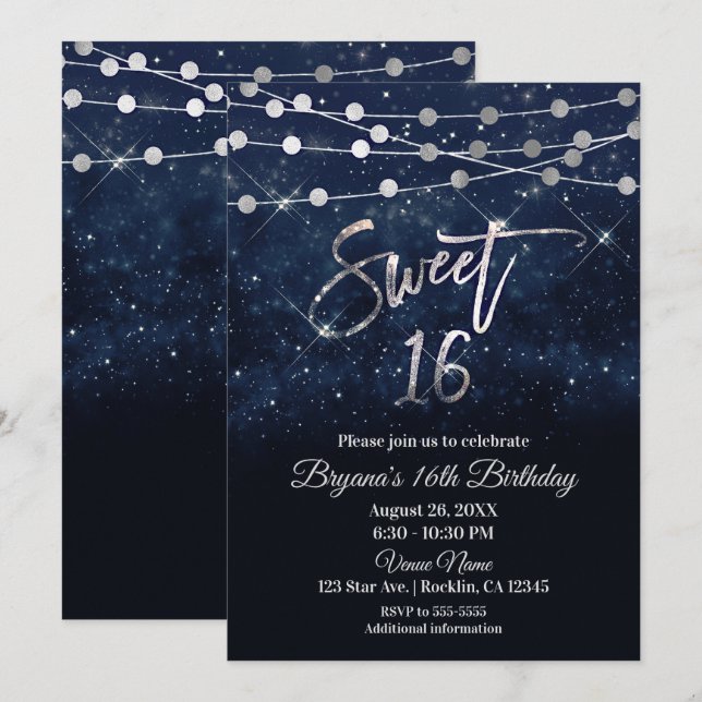 Invitación Dulces 16 Dieciséis Luces Brillantes Azules y Plat (Anverso / Reverso)