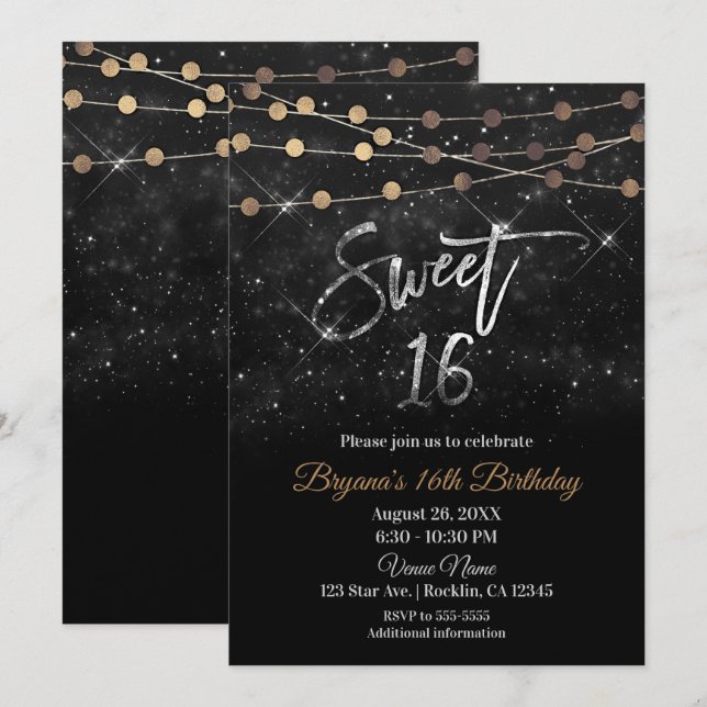 Invitación Dulces 16 Dieciséis Luces Negras Plateadas Doradas (Anverso / Reverso)