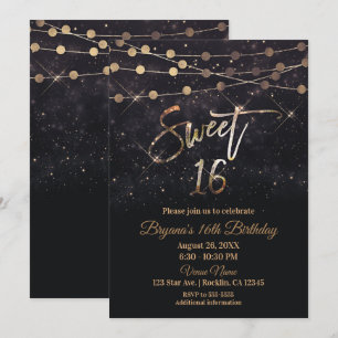 Invitación Dulces 16 Dieciséis Luces Negras y Doradas con Bri