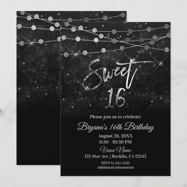 Invitación Dulces 16 Dieciséis Luces Negras y Plateadas con B (Anverso / Reverso)