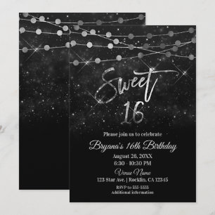 Invitación Dulces 16 Dieciséis Luces Negras y Plateadas con B