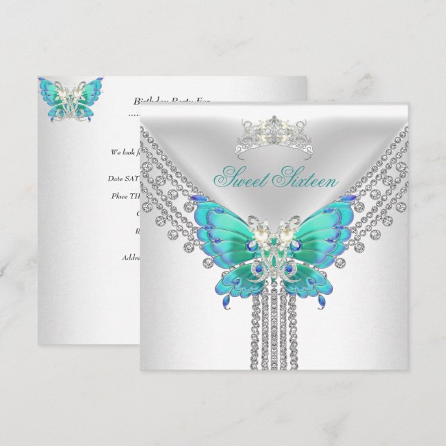 Invitación Dulces 16 Dieciséis Mariposa Azul Teal Blanco (Anverso / Reverso)