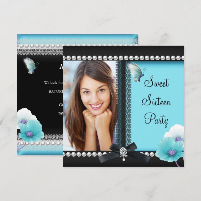 Invitación Dulces 16 Dieciséis Mariposa Azul Teal Negro (Anverso / Reverso)