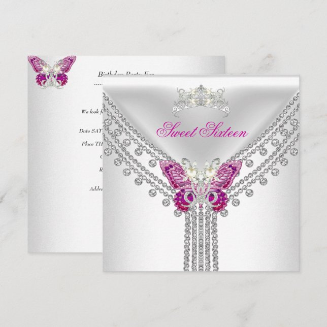 Invitación Dulces 16 Dieciséis Mariposa Rosa Blanca (Anverso / Reverso)