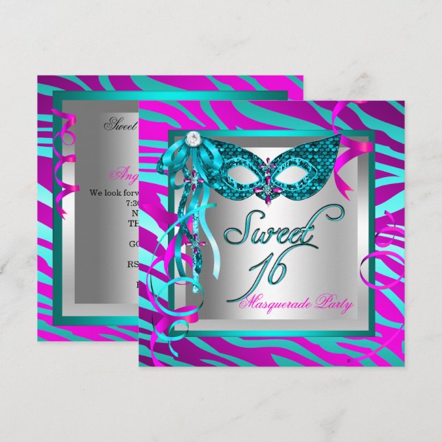 Invitación Dulces 16 Dieciséis Máscara de Cebra Rosa Caliente (Anverso / Reverso)