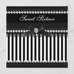 Invitación Dulces 16 Dieciséis Negro Blanco Raya Perla Encaje