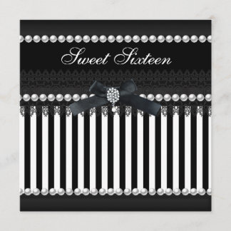 Invitación Dulces 16 Dieciséis Negro Blanco Raya Perla Encaje