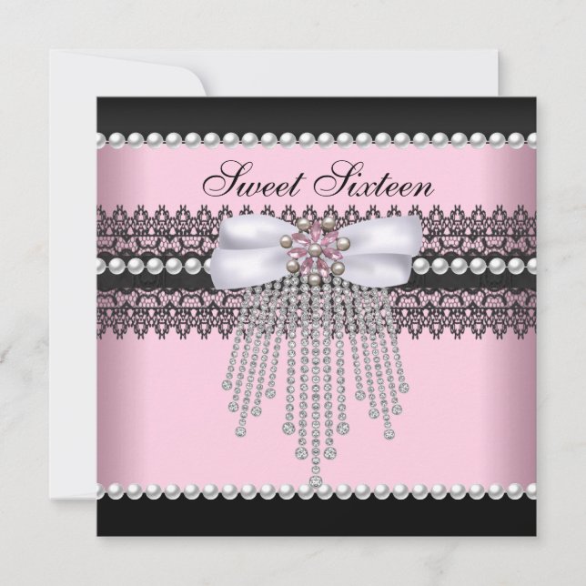 Invitación Dulces 16 Dieciséis Perla Negra Rosa Encaje Diaman (Anverso)
