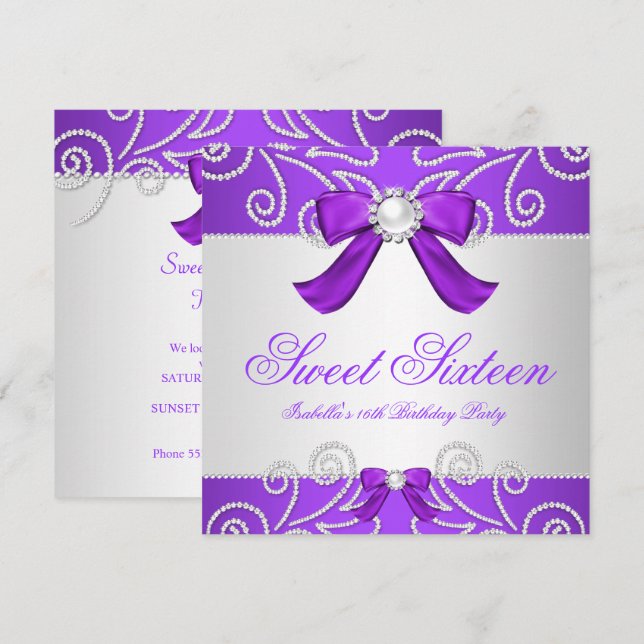 Invitación Dulces 16 Dieciséis Perlas Purpura Falsas Fiesta d (Anverso / Reverso)