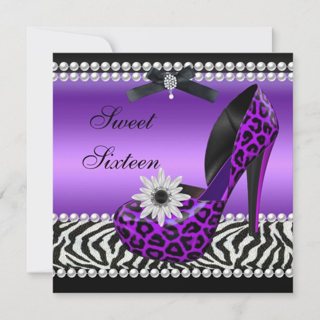 Invitación Dulces 16 Dieciséis Purpura Negro Cebra Leopardo (Anverso)