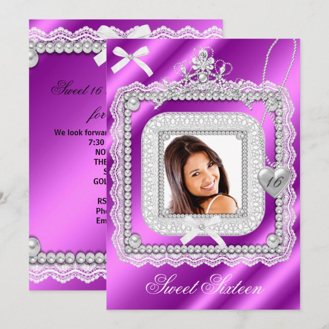 Invitación Dulces 16 Dieciséis Rosa Morado Encaje Perla Foto  (Anverso / Reverso)
