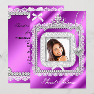 Invitación Dulces 16 Dieciséis Rosa Morado Encaje Perla Foto 