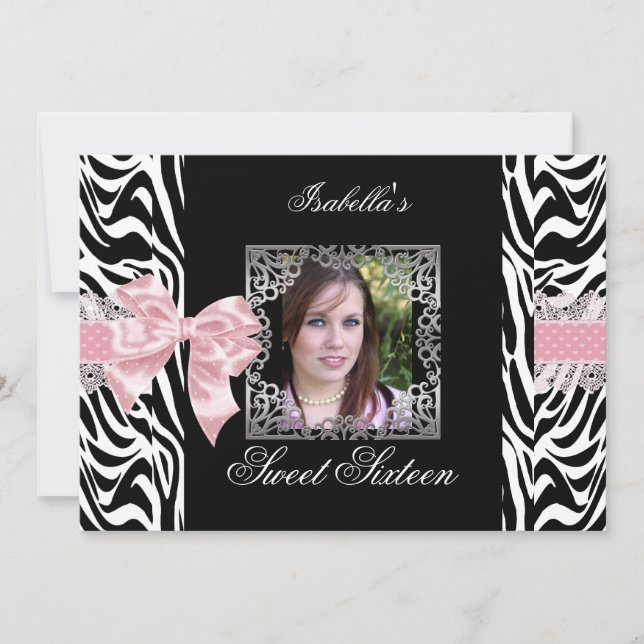 Invitación Dulces 16 Dieciséis Rosa Negro Blanco Cebra (Anverso)