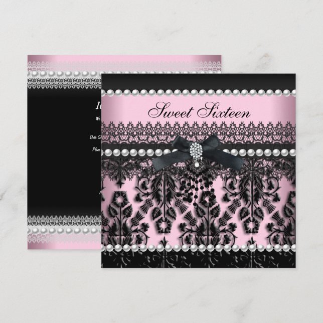 Invitación Dulces 16 Dieciséis Rosa Negro Perla Encaje Damask (Anverso / Reverso)