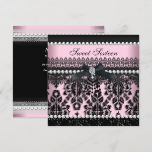 Invitación Dulces 16 Dieciséis Rosa Negro Perla Encaje Damask