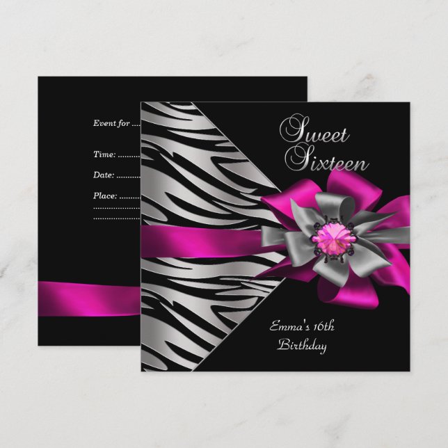 Invitación Dulces 16 Dieciséis Rosa Plata Cebra Negro Gris Ar (Anverso / Reverso)