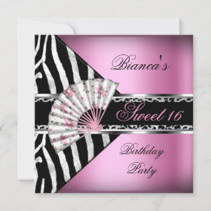 Invitación Dulces 16 Dieciséis Rosa Ventilador Negro Cebra Le