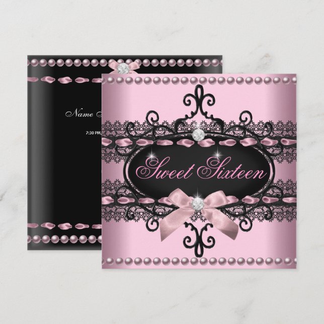 Invitación Dulces 16 Dieciséis Rosado Encaje Negro Perla (Anverso / Reverso)