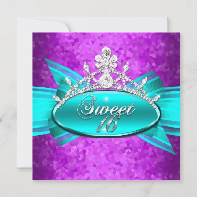 Invitación Dulces 16 Dieciséis Turquesa Azul Púrpura Diamante (Anverso)