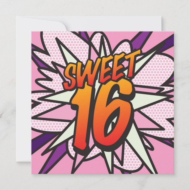 Invitación Dulces 16 divertido cumpleaños con temática de cóm (Anverso)