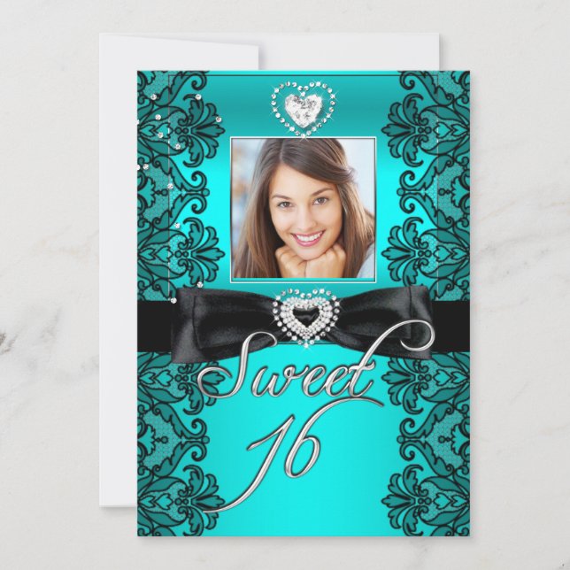 Invitación Dulces 16 Dulce Dieciséis Encaje Negro Azul Teal F (Anverso)