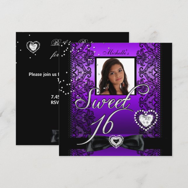 Invitación Dulces 16 Dulce Dieciséis Encaje Negro Morado Foto (Anverso / Reverso)