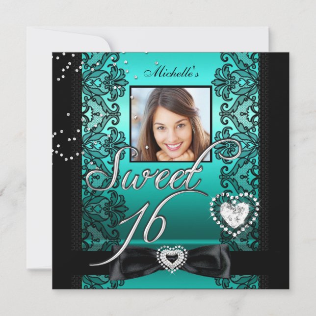 Invitación Dulces 16 Dulce Dieciséis Verde Teal Negro Encaje  (Anverso)
