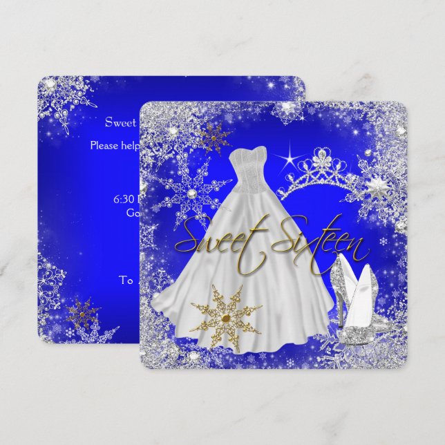 Invitación Dulces 16 Dulces Dieciséis Copos de Nieve Azules y (Anverso / Reverso)