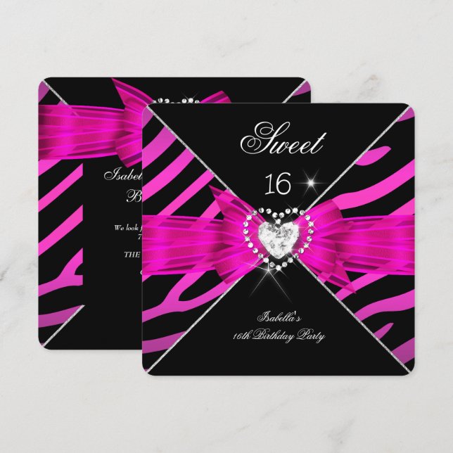 Invitación Dulces 16 Dulces Dieciséis Rosa Brillante Cebra Ne (Anverso / Reverso)