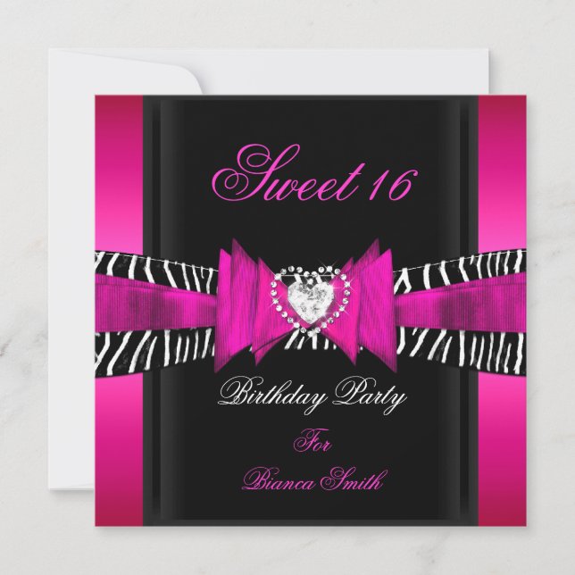 Invitación Dulces 16 Dulces Dieciséis Rosa Caliente Cebra Neg (Anverso)
