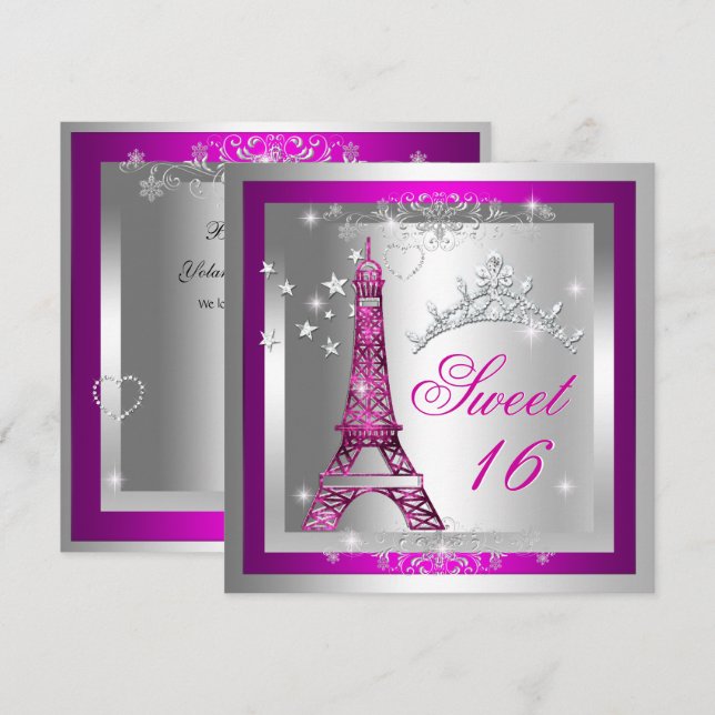 Invitación Dulces 16 Dulces Dieciséis Tiara Rosa Torre Eiffel (Anverso / Reverso)