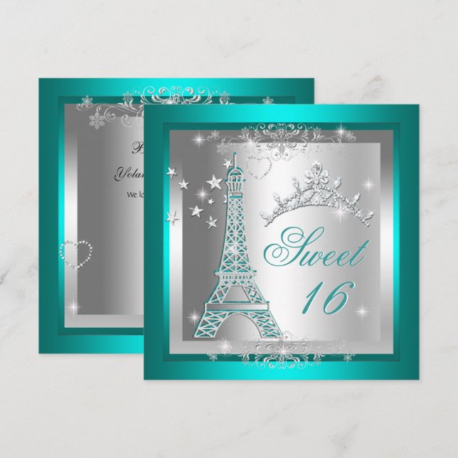 Invitación Dulces 16 Dulces Dieciséis Tiara Teal Torre Eiffel (Anverso / Reverso)