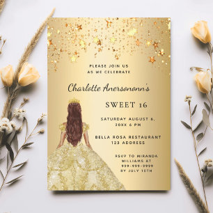 Invitación Dulces 16 estrellas de vestimenta dorada