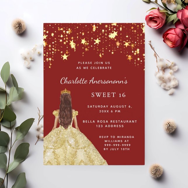 Invitación Dulces 16 estrellas de vestimenta dorada roja (Subido por el creador)